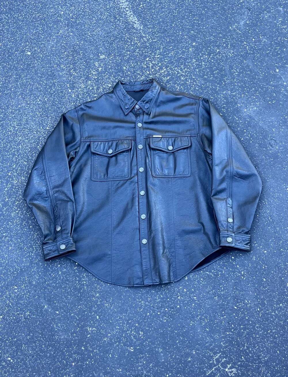 Harley Davidson Leather Shirt Jacket Size L Black Genuine Leather Snap